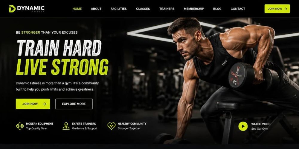 Gym and fitness website design featuring strength training